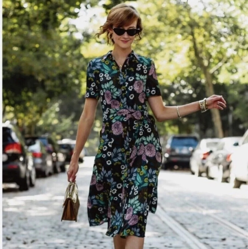 J. Crew Abigail Borg Floral Shirt Dress - Black, Purple, Green Size 2